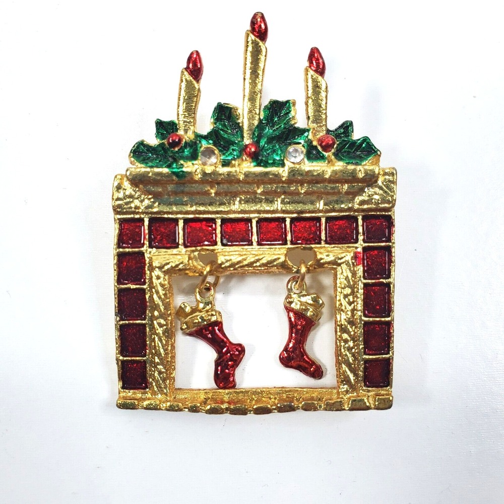 Vtg Gold Tone Multi-Color Enamel Dangle Stockings Fireplace Brooch Pin Jewelry
